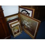 TWO MODERN GILT FRAMED OILS ON CANVAS, 'Still Life' and six various other pictures (8)