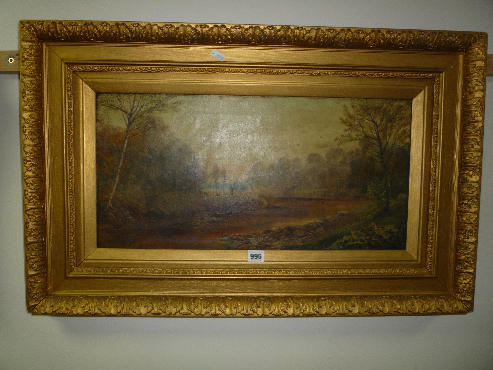 A GILT FRAMED OIL ON CANVAS, river fishing scene, signed W. Williams (?) And dated 1894 bottom left,
