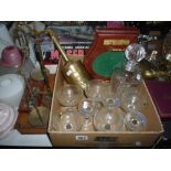 VARIOUS GLASSES, bottle jack, scales, weights, boxed car air horns etc