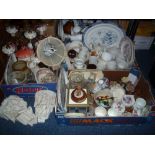 THREE BOXES AND LOOSE CERAMICS, GLASS, CEILING LIGHT, etc