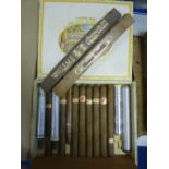 A BOX OF FIFTEEN ASSORTED CIGARS, including eight Temple Hall Jamaican Lonsdale in poor to average