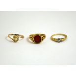 THREE RINGS, the first a citrine ring, a carnelion signet ring together with a brilliant cut
