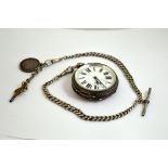 A SILVER POCKET WATCH, together with a t-bar Albert chain, fob and key