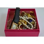 A SMALL COLLECTION OF COSTUME JEWELLERY, to include a watch, 9ct gold earrings together with a