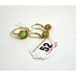 A PAIR OF 9CT GOLD EARRINGS, one stone deficient, hallmarks for Birmingham, together with a green