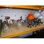 THREE VARIOUS OIL LAMPS, a pair of three branch ceiling lights etc