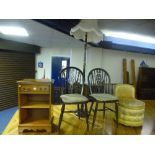 A SMALL YEW WOOD BOOKCASE, three various chairs and a standard lamp with shade (5)
