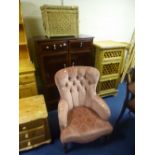 A MAHOGANY TALLBOY, an upholstered armchair etc (4)