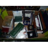 A BOX CONTAINING SILVER AND OTHER COINS, to include Great Britain medallic First Day Covers,