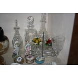 TWO HALCYON DAYS ENAMEL BOXES, three cut glass decanters, two continental figures, preserve pots