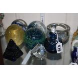 SEVEN VARIOUS GLASS PAPERWEIGHTS/SCENT BOTTLE, to include a cobalt blue paperweight in the form of a