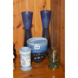 THREE GLASS VASES, Wedgwood vase etc (5)