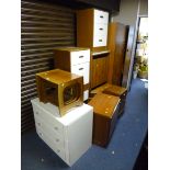 A TEAK TWO DOOR WARDROBE, three various similar teak units, modern chest of drawers, three bedside
