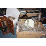TWO BOXES AND LOOSE GLASSWARES, kitchen pans, boxed microscope, boxed hat etc