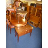 A TEAK SEWING BOX ON STAND, and a pair of Victorian balloon back chairs (3)