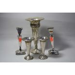 A TRAY OF MIXED ITEMS, to include a trumpet vase, candlesticks, etc