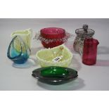 SEVEN PIECES OF GLASSWARE, to include vaseline jug and dish, cranberry coloured glass etc