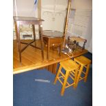 AN OAK OCCASIONAL TABLE, oak standard lamp, sewing box, oak footstool and two bar stools (6)