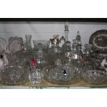 VARIOUS CUT GLASSWARES, etc, to include claret jug, decanters, bottle labels etc