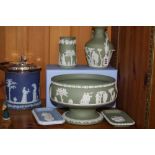 SIX PIECES OF WEDGWOOD JASPERWARE, including boxed twin handled vase, a biscuit barrel and a