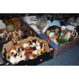 FOUR BOXES OF CERAMICS, GLASS, etc, to include a collection of ceramic dogs, glass dressing table