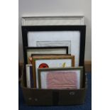 A BOX OF MILITARY PRINTS, silk handkerchiefs framed etc