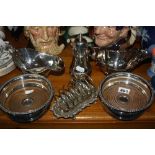 TWO PLATED BOTTLE COASTERS, two sauce boats, a sifter and a toast rack (6)
