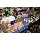 THREE BOXES AND LOOSE CERAMICS, etc, to include oriental teapots, vases, a chalk Lion etc