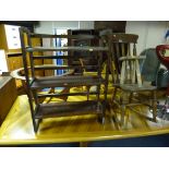 A MAHOGANY HIGH BACK ROCKING CHAIR, milking stool and a folding open bookcase (3)