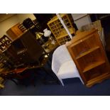 A MAHOGANY CHEST OF THREE DRAWERS, bedside unit, occasional table, Lloyd Loom bedroom chair, pine