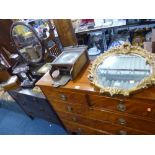 A GILT FRAMED WALL MIRROR, wall clock, two mantel clocks, etc (6)