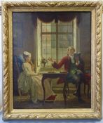 A 19TH CENTURY GILT FRAMED OIL ON CANVAS, depicting young maiden at study with governor reading