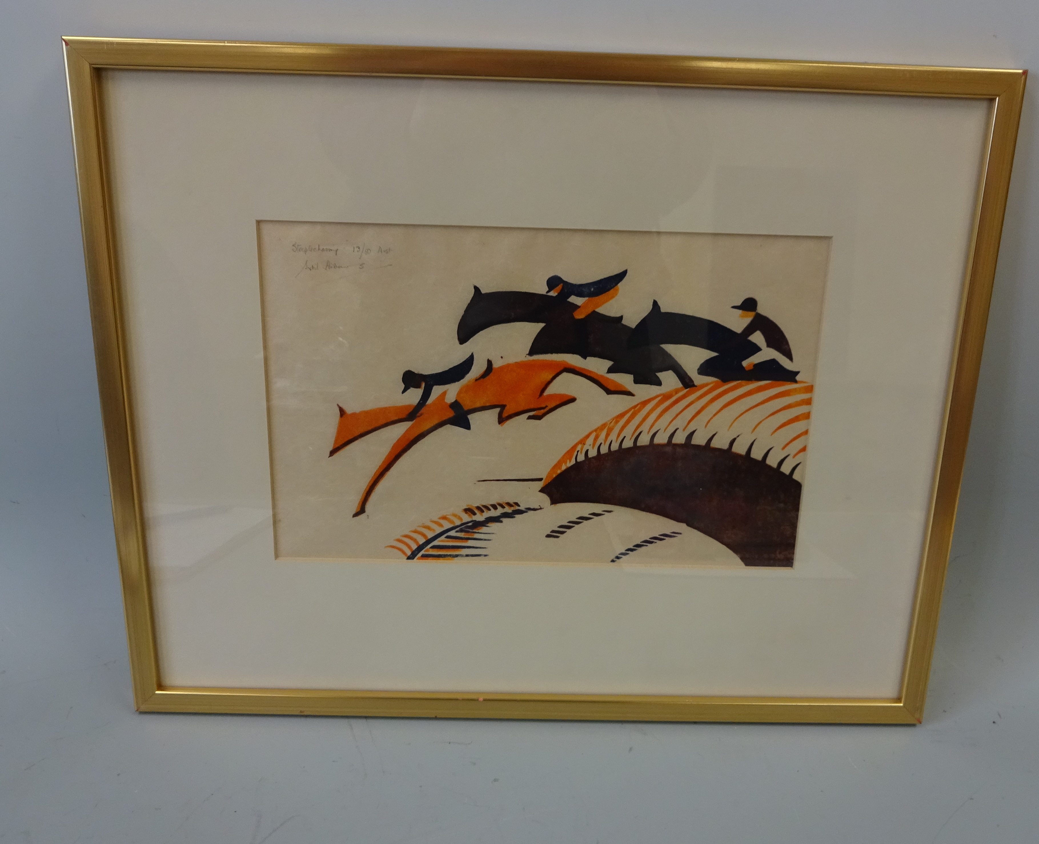 SYBIL ANDREWS (1898-1992), 'Steeplechasing', linocut in colours c.1936, signed, titled and - Image 6 of 6