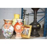 VARIOUS VASES, CANDLE HOLDERS, etc, to include Arabic design metal vase, satsuma vase, two framed