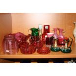 A GROUP OF COLOURED GLASS, to include vaseline bud vase, cranberry coloured glass, etched shade etc