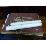 A QUANTITY OF UNFRAMED PRINTS, etc, a quantity of long snooker cues and a gramaphone case (sd)