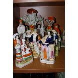 SEVEN STAFFORDSHIRE CHIMNEY/FIGURAL ORNAMENTS, to include Little Red Riding Hood, Courting Couple,