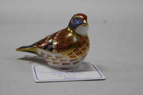 A BOXED ROYAL CROWN DERBY PAPERWEIGHT, 'Linnet' one of a Special Anniversary Edition for 2002,