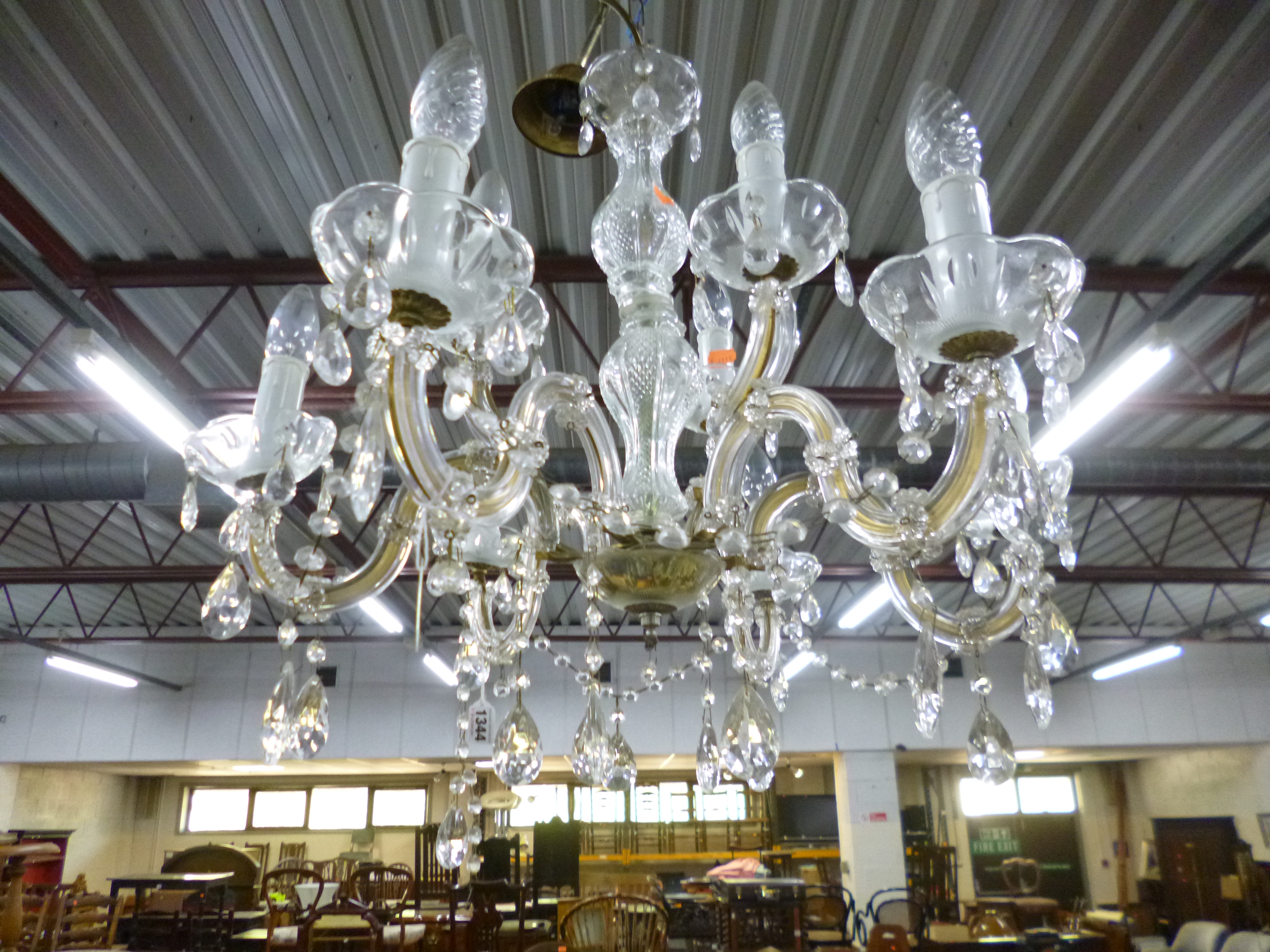 A GLASS TWO TIER NINE BRANCH CHANDELIER WITH DROPPERS (sd)