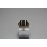 A 9CT GOLD SIGNET RING, with rectangular shape bloodstone to the plain tapered shank, stamped 9ct,