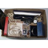A BOX OF MISCELLANEOUS, to include an 18ct gold necklace set with diamond, approximate weight 13.5g,