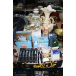 A BOX AND LOOSE SUNDRY ITEMS, to include boxed cutlery, five boxed Royal Doulton cabinet plates,