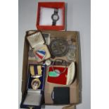 A BOX OF MISCELLANEOUS, to include two pound coin, 50p's, half crowns,, medals, watch, etc