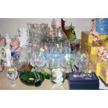 VARIOUS CUT/COLOURED GLASS, etc, to include two ships in bottles, fish, decanter, etc