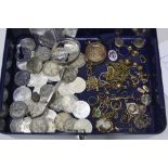 A LARGE LOCK BOX OF MIXED ITEMS, to include coins, chains, rings, brooches, etc