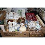 FOUR BOXES OF CERAMICS AND GLASS, to include boxed cut glasses, Wade teapots and ornaments, Foley,