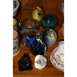 SEVEN VARIOUS GLASS PAPERWEIGHTS/SCENT BOTTLE, to include a cobalt blue paperweight in the form of