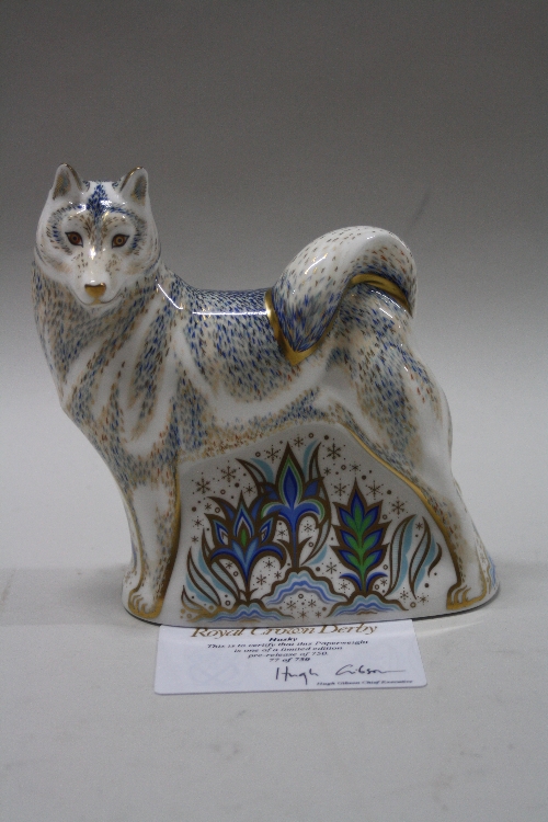 A BOXED ROYAL CROWN DERBY PAPERWEIGHT, 'Husky' No.77/750, pre-release of 750, signed Sue Rowe (