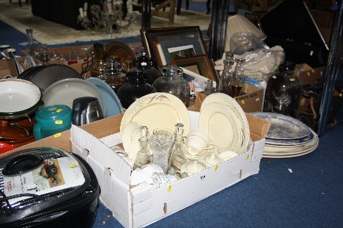 FOUR BOXES AND LOOSE CERAMICS AND GLASS, (Spode 'Royal Jasmine'), binoculars, meat plates, lamp,