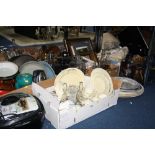 FOUR BOXES AND LOOSE CERAMICS AND GLASS, (Spode 'Royal Jasmine'), binoculars, meat plates, lamp,